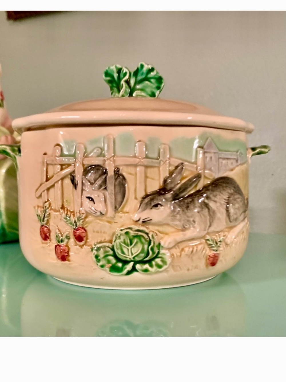 The Haldon Group vintage Majolica Rabbit lidded pot